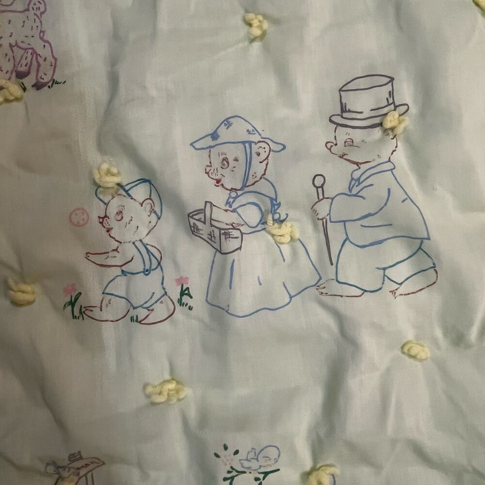 Vintage Green Baby Crib Quilt‎ 52x39 Hand Tied Animal Nursery Blanket Cats Ducks
